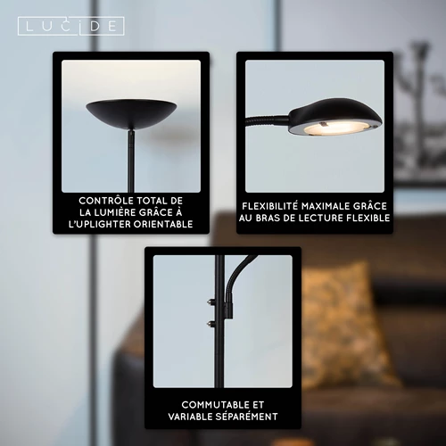 Lucide ZENITH - Lampadaire / lampe de lecture - LED Dim. - 3000K - Noir - USP